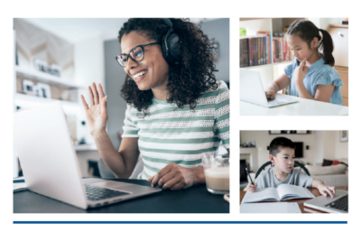 Kids and a teacher on laptops for distance learning