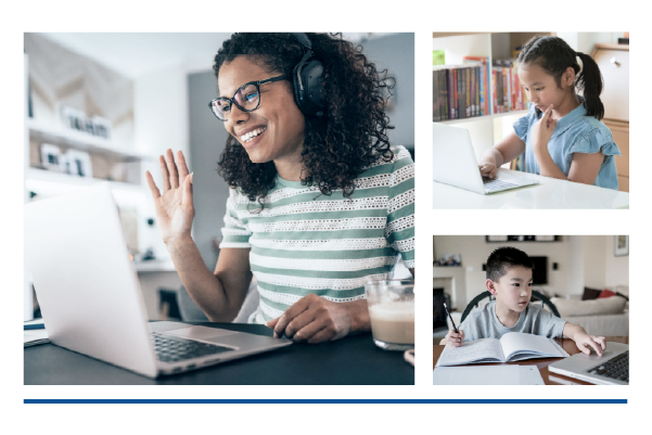 Kids and a teacher on laptops for distance learning